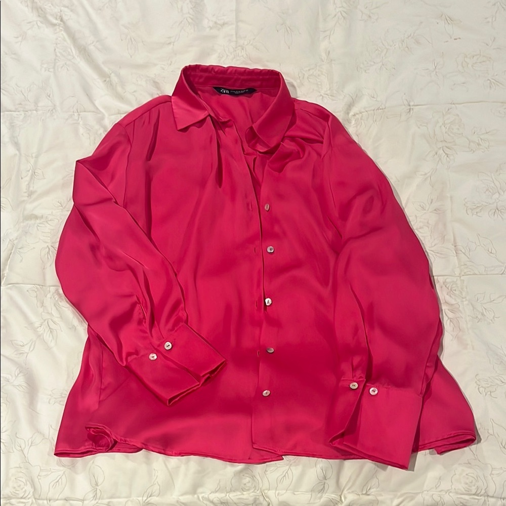 Zara Hot Pink Satin Button-Up Blouse